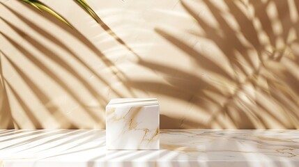 Aufkleber - Luxury marble and brown paper color background with tropical palm shadow Natural material with exotic plant shade branding layout Minimal flat lay product podium with leaf silhouette o : Generative AI