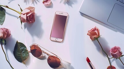 Poster - Flat lay top view office table desk frame feminine desk workspace with laptop clutch cosmetics phone sunglasses lipstick rose buds on white background : Generative AI