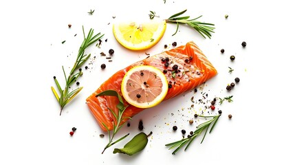 Poster - Slice of red fish salmon with lemon rosemary and peppercorns isolated on white background Top view Flat lay : Generative AI