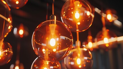 Poster - Classic sphere lighting bulbs are glowing in orange warming shade there are hanging from ceiling in dark environment Interior cozy style decoration Closeup and selective focus : Generative AI