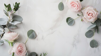Aufkleber - Wedding invitation card Marble paper blank rose flowers eucalyptus branches on gray background Wedding concept Flat lay top view copy space : Generative AI
