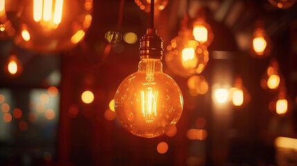 Aufkleber - Classic sphere lighting bulbs are glowing in orange warming shade there are hanging from ceiling in dark environment Interior cozy style decoration Closeup and selective focus : Generative AI