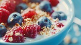 Close up of healthy yogurt and fruit smoothie bowl decorated with raspberry blueberry and puffed quinoa grain : Generative AI