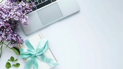 Aufkleber - Flat lay top view office table desk laptop lilac flowers bouquet spool with beige and blue ribbon mint diary on white background : Generative AI