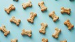Bone shaped dog cookies on light blue background flat lay : Generative AI