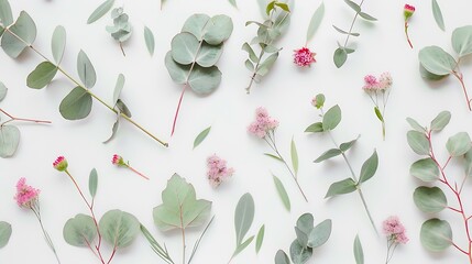Aufkleber - Flowers composition Eucalyptus leaves and pink flowers on white background Flat lay top view : Generative AI