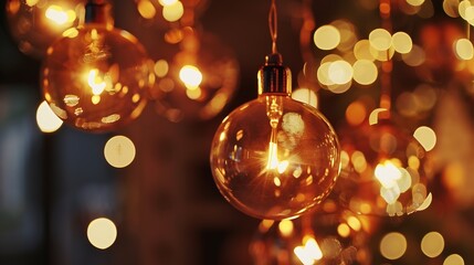 Poster - Classic sphere lighting bulbs are glowing in orange warming shade there are hanging from ceiling in dark environment Interior cozy style decoration Closeup and selective focus : Generative AI