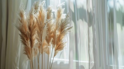 Aufkleber - Dried natural pampas grass in a vase on the window Interior decor element Close up view Soft Selective Focus : Generative AI