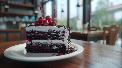 Wall Mural - Chocolate cake with cherry on top on wooden table in coffee shop