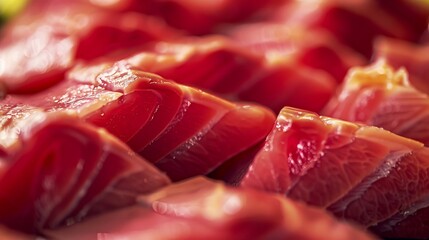 Poster - Macro shot yellow fin tuna steak background Fresh rare steak close up Raw yellowfin tuna fillet texture Background fresh tuna meat Slices of tuna meat : Generative AI