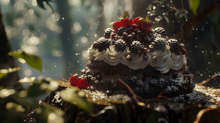 Poster - Birthday cake with fresh berries and chocolate on a blurred background.