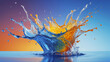 A multicolored liquid splashing into a body of water on an orange and blue background with a splash of water. Colorful water splash