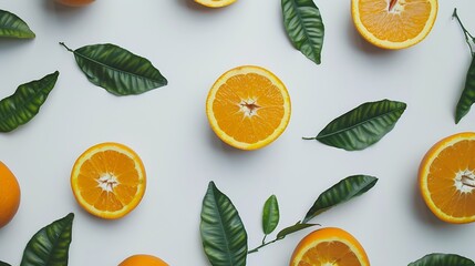 Aufkleber - Fresh orange citrus fruit with green leaves on white background : Generative AI