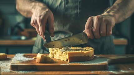 Wall Mural - closeup of male hands in kitchen at home cutting sponge cake on cutting board with large steel knife cutting portions to eat : Generative AI