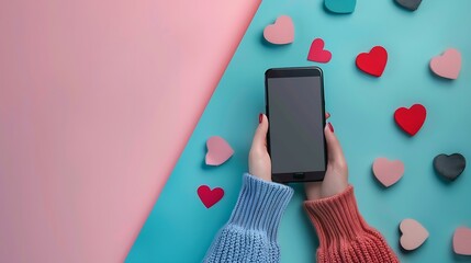 Leinwandbilder - Woman hand holding mobile phone with blank screen on colored background with hearts valentine day concept top view flat lay : Generative AI