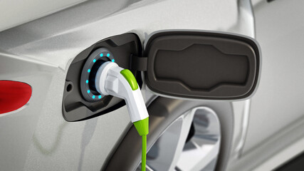 Wall Mural - Electric car plugged to charging station. 3D illustration