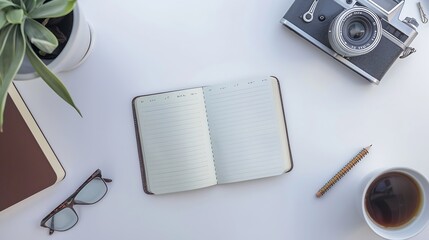 Aufkleber - workspace with notebook keyboard photo camera open notebook sketchbook and coffee on white background Flat lay top view office table desk : Generative AI