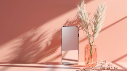 Aufkleber - Empty mobile phone screen mockup glasses vase and meadow grass on a light pink and terracotta background with abstract sunlight shadow and crystal reflections minimal business brand te : Generative AI