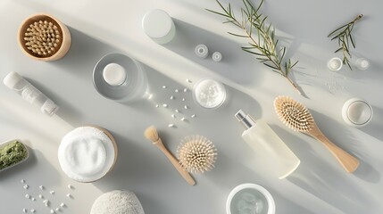 Poster - Various spa related objects on gray background top view Body and skin care flat lay with copy space Beauty care concept : Generative AI