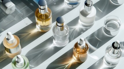 Poster - Different glass bottles with serum or oil and cosmetic skin care cream on gray background Trending shadow Cosmetic mockup Top view with copy space Flat lay : Generative AI