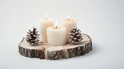 Poster - Christmas candles wood slice decorations pine cone on white background : Generative AI