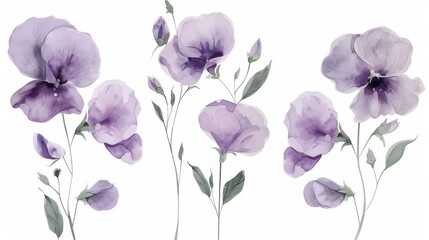 Wall Mural - watercolor illustration of a sprig of purple sweet pea flowers on a white background, summer botanical drawing for wedding invitation or card, print
