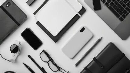 Poster - Flat lay of a modern minimal workplace with office accessories and trendy gadgets paper notebook smartphone smartwatch digital tablet stylus pencil wireless earphones BW tones copy spa : Generative AI