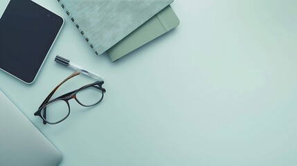 Fototapete - Flat lay photo of office desk with laptop smartphone eyeglasses and notebook with copy space background : Generative AI