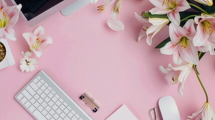 Aufkleber - Workspace with computer bouquet lilies clipboard Womens fashion accessories isolated on pink background Flat lay Top view office desk : Generative AI