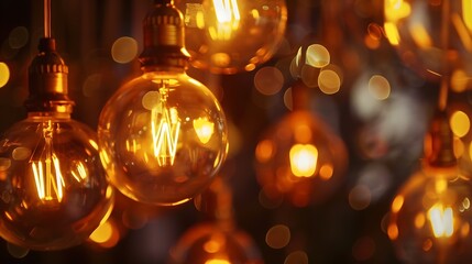 Poster - Classic sphere lighting bulbs are glowing in orange warming shade there are hanging from ceiling in dark environment Interior cozy style decoration Closeup and selective focus : Generative AI