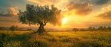 Fototapeta  - Ready for harvest, a green olive tree in a vast field.