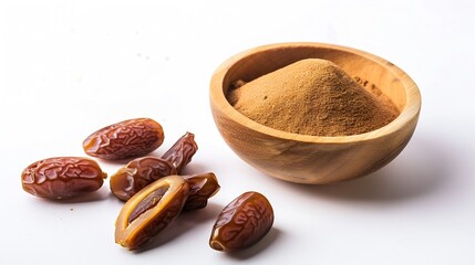 Poster - Date fruit powder in wooden bowl with dry dates fruits isolated on white background Top view flat lay : Generative AI