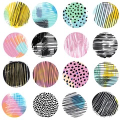Wall Mural - Vector colorful circle textures made with ink, pencil, brush. Geometric doodle shapes of spots, dots, strokes, stripes, lines. Set of hand drawn patterns. Template for social media or posters. 