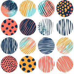 Wall Mural - Vector colorful circle textures made with ink, pencil, brush. Geometric doodle shapes of spots, dots, strokes, stripes, lines. Set of hand drawn patterns. Template for social media or posters. 
