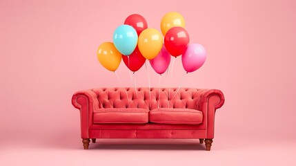 Wall Mural - the concept of purchasing new furniture. sofa with colorful balloons on a pink background