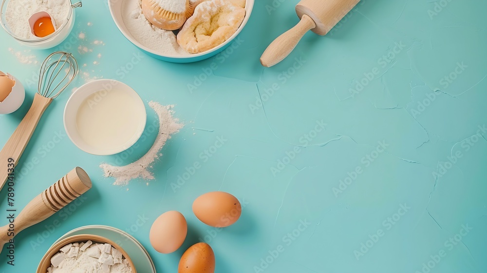 Empty space baking background with bakery ingredients flour milk eggs ...