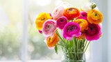 A colorful bouquet of different ranunculus flowers in glass vase on the white kitchen table Close up copy space background : Generative AI