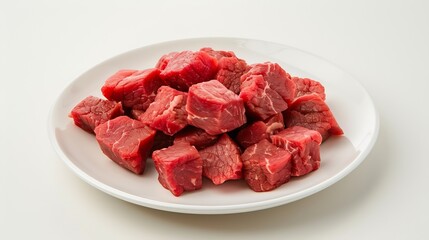 Poster - The beef is cut into cubes and placed on a white plate isolated on white : Generative AI