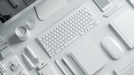 Fototapete - Top view white office desk table with blank notebook computer keyboard and other office supplies with copy space flat lay : Generative AI