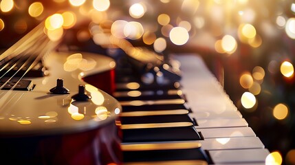 Poster - Guitar and piano keys closeup on a blurred background with bokeh : Generative AI