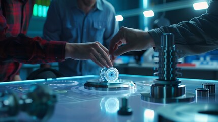 Aufkleber - Engineer Scientists and Developers Gathered Around Illuminated Conference Table in Technology Research Center Talking Finding Solution and Analysing Industrial Engine Design Closeup Ha : Generative AI