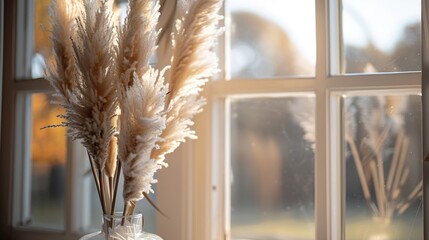 Aufkleber - Dried natural pampas grass in a vase on the window Interior decor element Close up view Soft Selective Focus : Generative AI