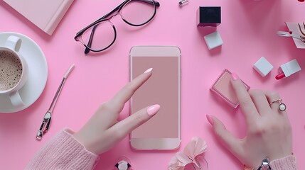 Aufkleber - Feminine workspace with smartphone in female hands latte ice notebook spectacles nail polish and lipstick Flat lay top view : Generative AI