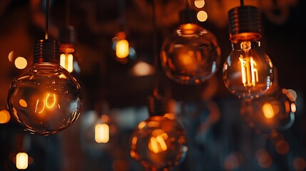 Aufkleber - Classic sphere lighting bulbs are glowing in orange warming shade there are hanging from ceiling in dark environment Interior cozy style decoration Closeup and selective focus : Generative AI