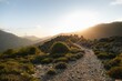 Hiking path at sunset in Corsica in mountains