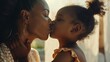 © Generative AI - Close up of beautiful daughter kissing mother on cheek at home African little girl giving kiss to happy mother Lovely black female child kissing cheerful and proud woman on cheek for m : Generative AI