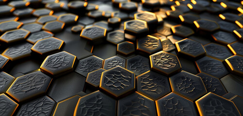 Wall Mural - 3D dark gold honeycomb on a black background evokes stylish natural structure.