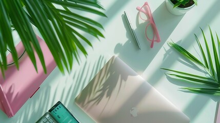 Aufkleber - Home office workspace frame with laptop palm leaf and accessories Flat lay top view : Generative AI