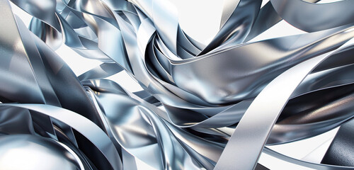 Wall Mural - Metallic silver and gunmetal 3D ribbons twist in space for high-end design.