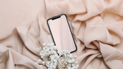 Aufkleber - Flatlay of blank screen mobile phone linen cloth on neutral beige background Aesthetic home office desk workspace Lady girl boss business work blog template with mockup space Flat lay  : Generative AI